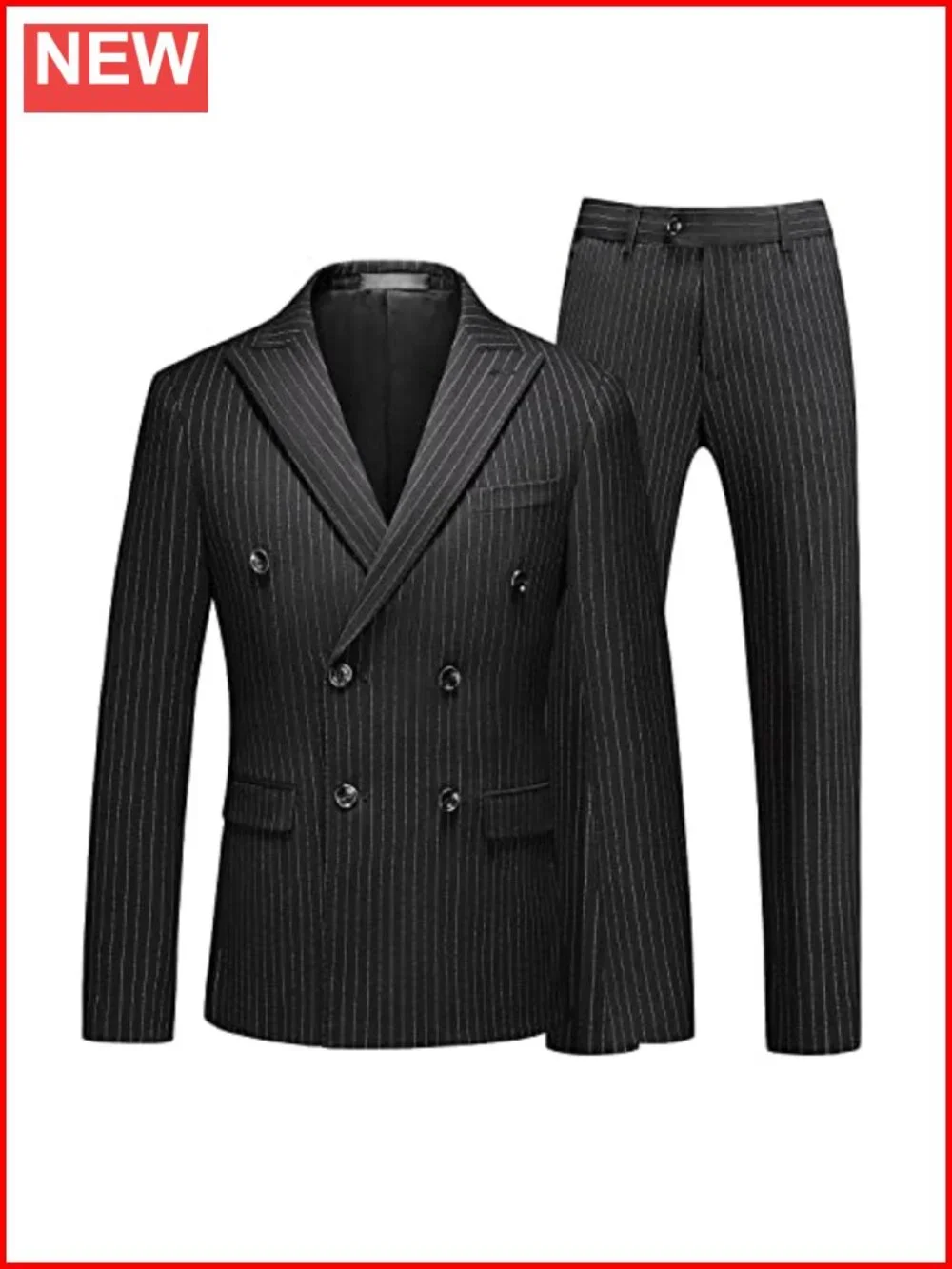 Mens 3 Piece Double Breasted Pinstripe Slim Fit Tuxedo Suit Set Formal